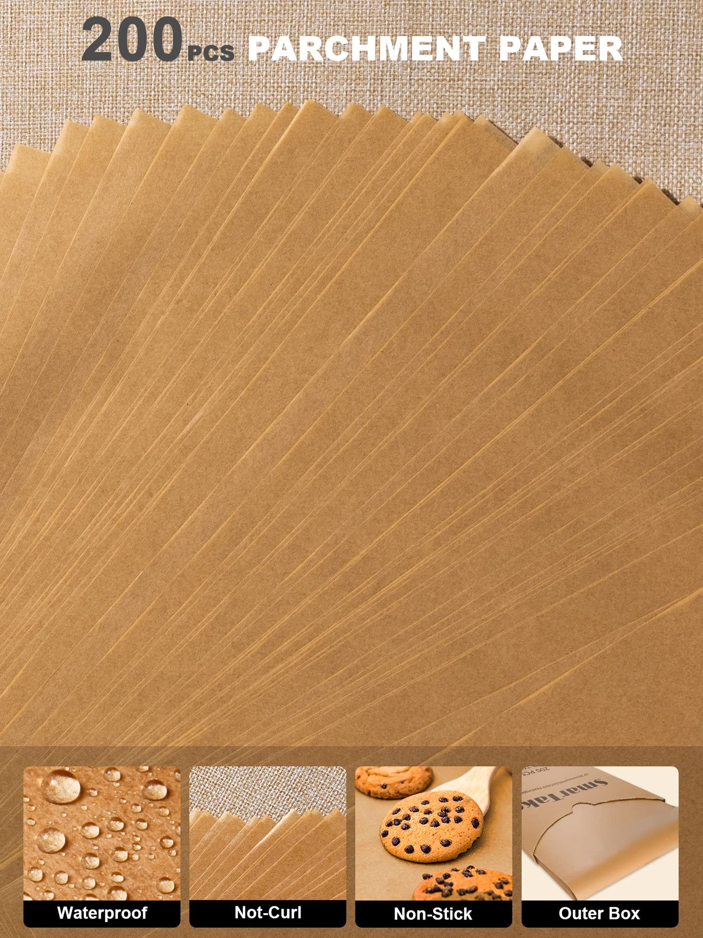 SMARTAKE 200 Pcs Unbleached Parchment Paper Baking Sheets, 16x24 Inches, Non-Stick, Precut for Baking, Grilling, Air Fryer, Steaming, Bread, Cup Cake, Cookie