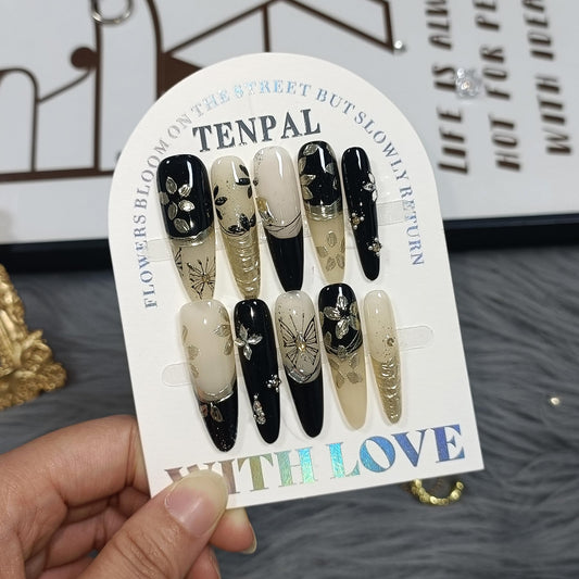 TENPAL Chinese Press On Nails With Tools,Black Gold Ink Butterfly Designs Fake Nails Long Stiletto,Hand-Painted Vintage French Tip Glue on Nails,Glitter Glossy Acrylic False Nail Tips for Luxury(S)
