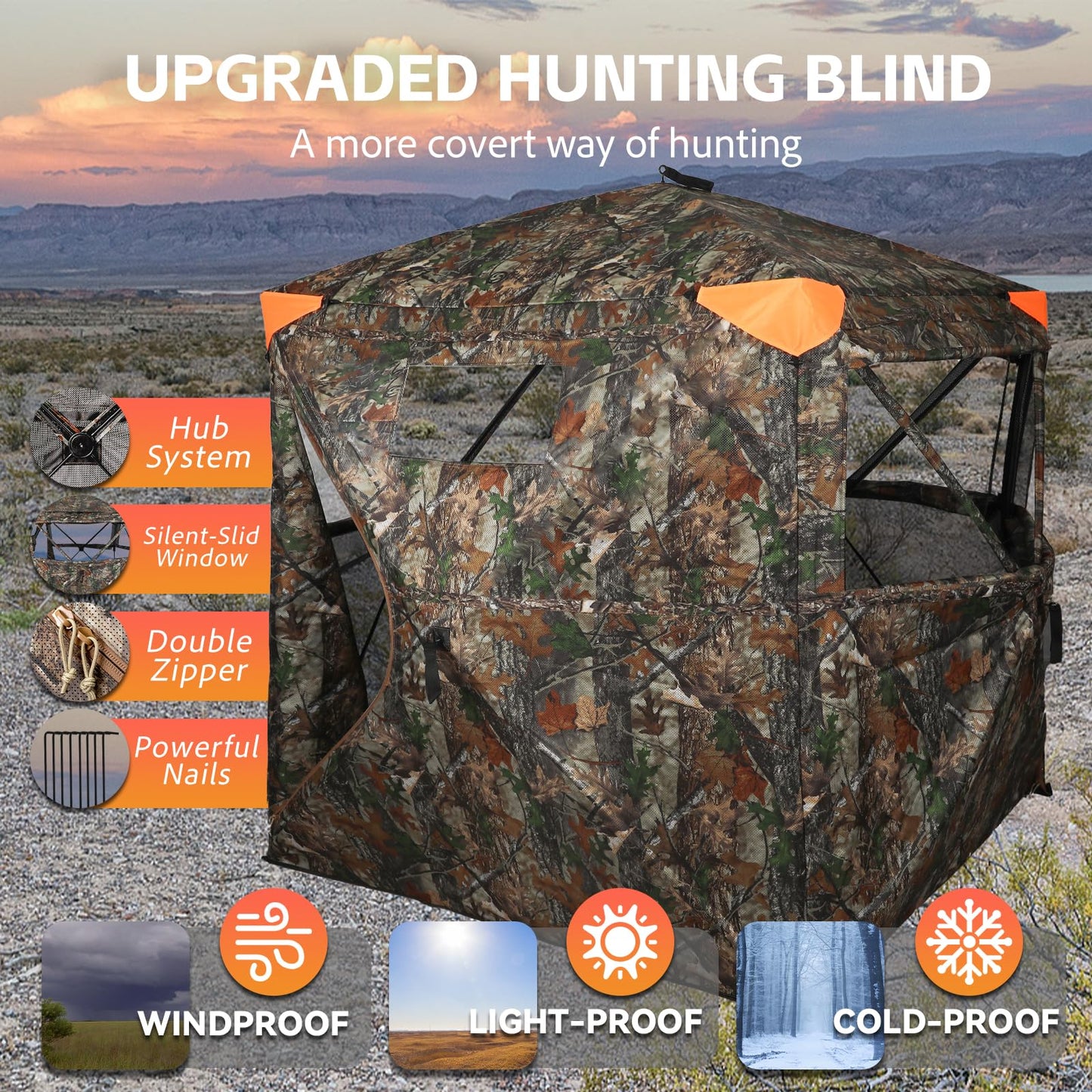 FUNHORUN Hunting Blind 360 Degree See Through Double Door Ground Blind for Hunting, 2/3 Person Pop Up Portable 58" Camouflage Deer/Turkey Tent with Blaze Orange Panels