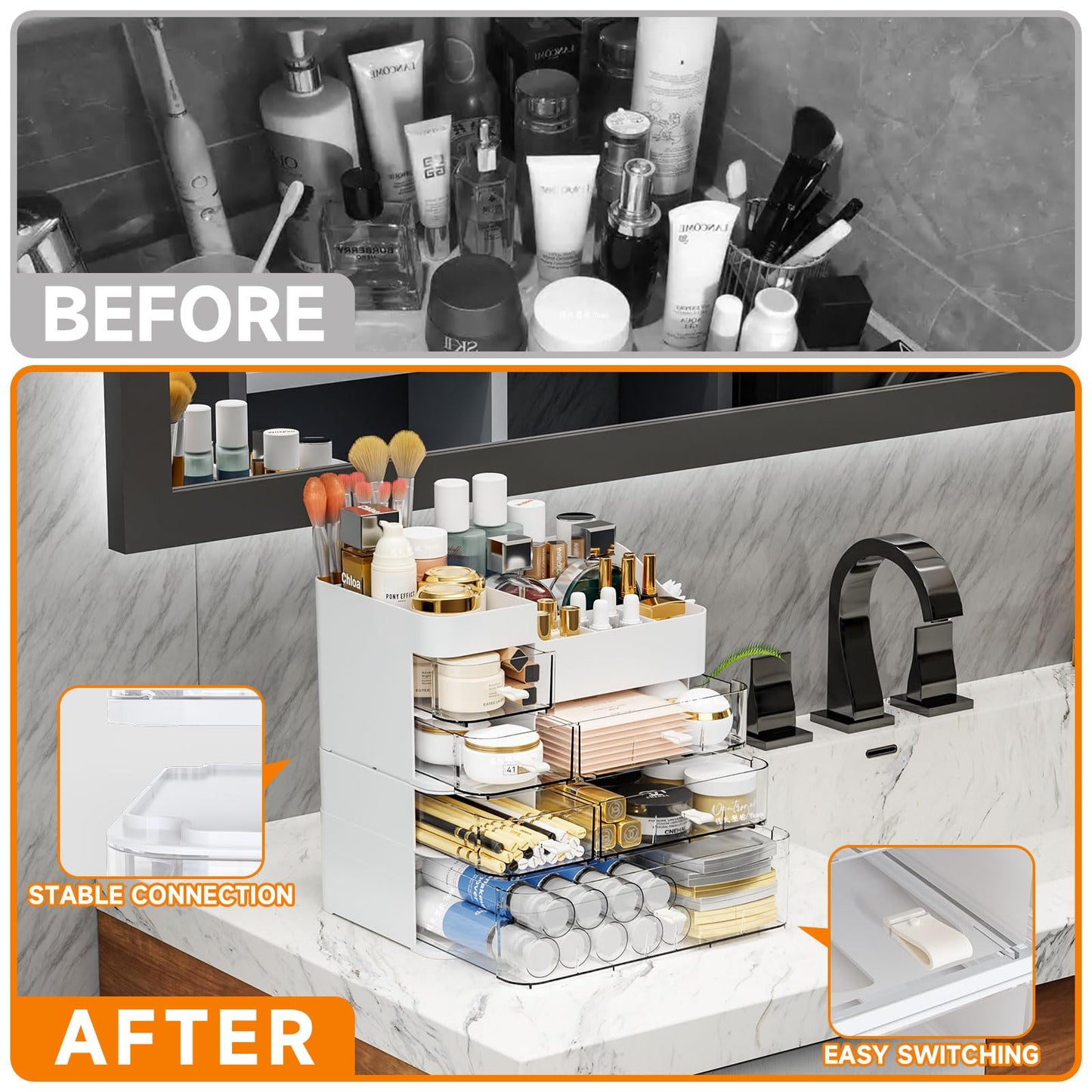 White Countertop Makeup Organizer with 6 Drawers,Large Capacity Skincare Organizers for Vanity,Desk,Dresser,Plastic Bathroom Counter Organizer for Beauty,Skin Care,Perfume,Make up Brush Organization