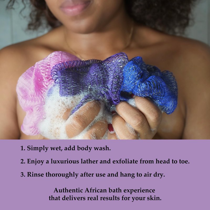Rominetak African Net Sponge Authentic, 2 Pieces African Exfoliating Net Sponge with Knots, Quick-Drying Body Scrub Net, Bath Washcloth Loofah for Women and Men (Navy Blue+Black)
