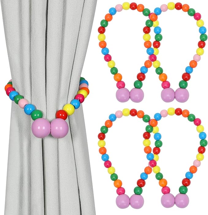 KLOGTSIND Magnetic Curtain Tiebacks, Curtain Tie Backs for Curtains 4 Pack, Wood Bead Curtain Tiebacks, Curtain Holders for Boho Bedroom Decor, Baby Nursery Decor, Farmhouse DÃ©cor