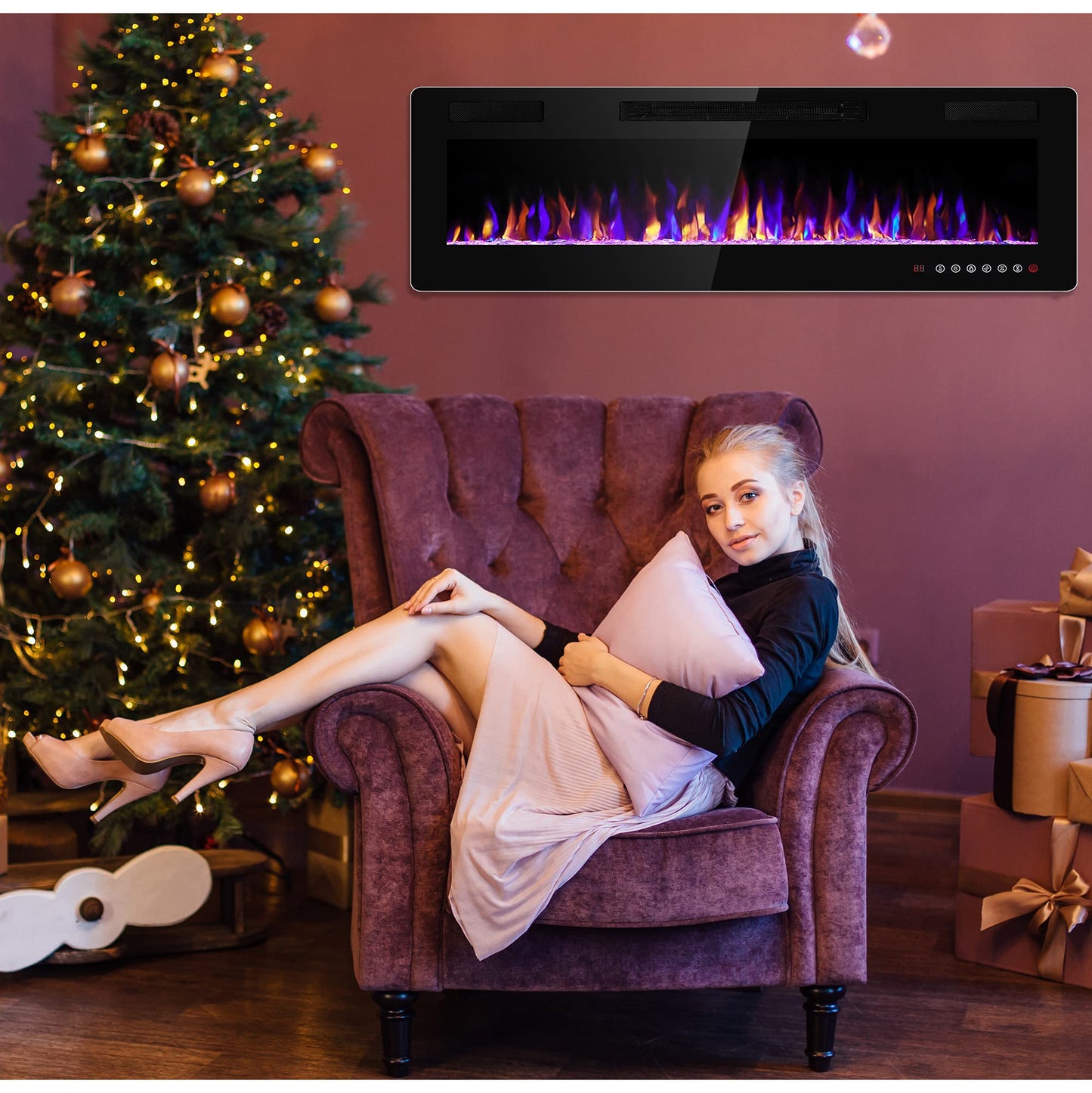 Electactic 50 Inch Electric Fireplace Insert Ultra-Thin - Recessed & Wall-Mounted Fireplace Heater with Thermostat, Adjustable Flame, Remote Control - Linear with Timer, Touch Screen, 750/1500W
