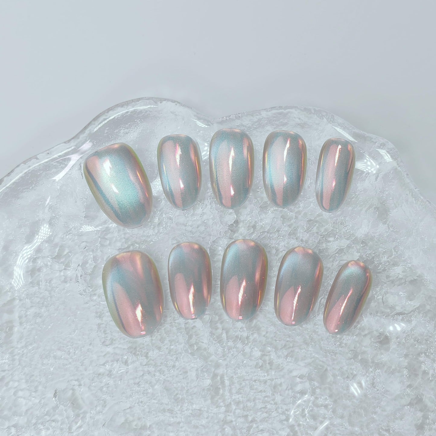 Cat Eye Press on Nails Handmade Short Oval/Square/Round False Nails with French Tip/Aurora/Magnetic Shimmer Designs (Aurora#Sunset River, Large)