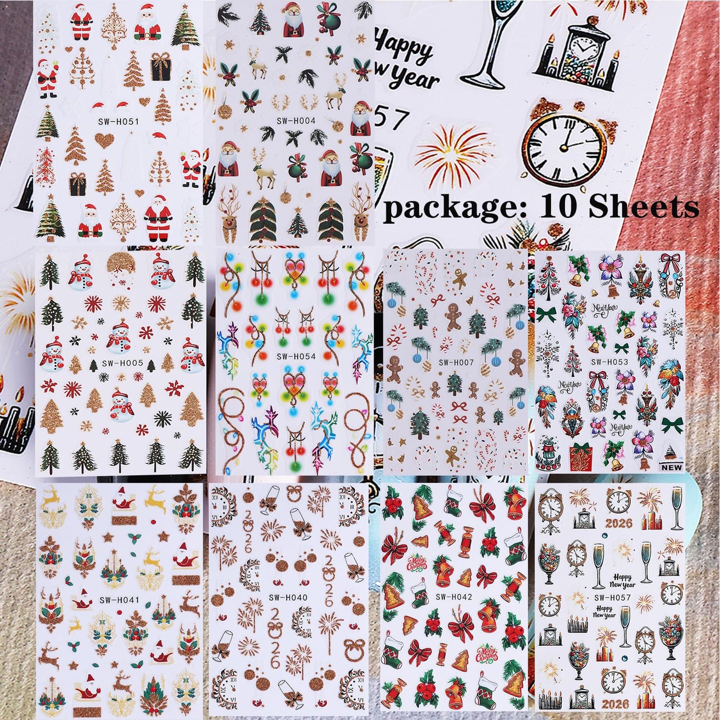 10 Sheets Christmas Nail Stickers for Nail Art, 3D Self-Adhesive New Year Nail Decals, Bell Trees Nail Supplies Nail Art Design Accessories for Women and Girls Manicure DIY Decoration