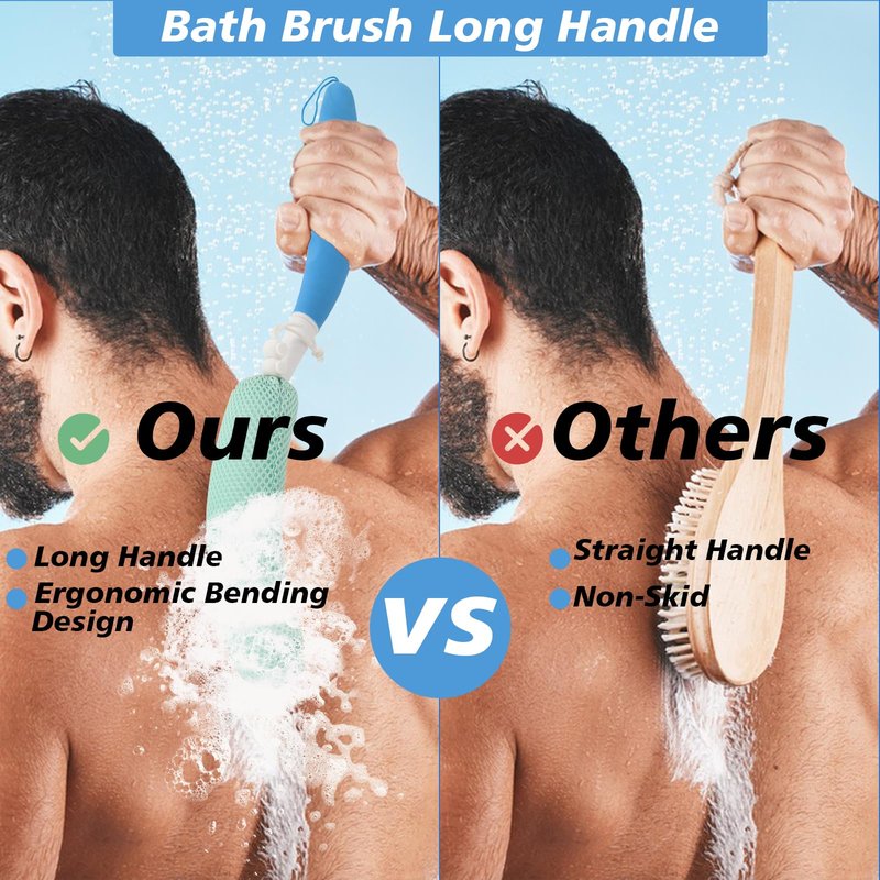 KkaFFe Back Scrubber for Shower，Mesh Sponge Body Shower Brush with Long Handle for Use in Shower Back Scrubber,Back Scrub for Exfoliating Body Scrubber or Shower Brush (Blue and Blue)
