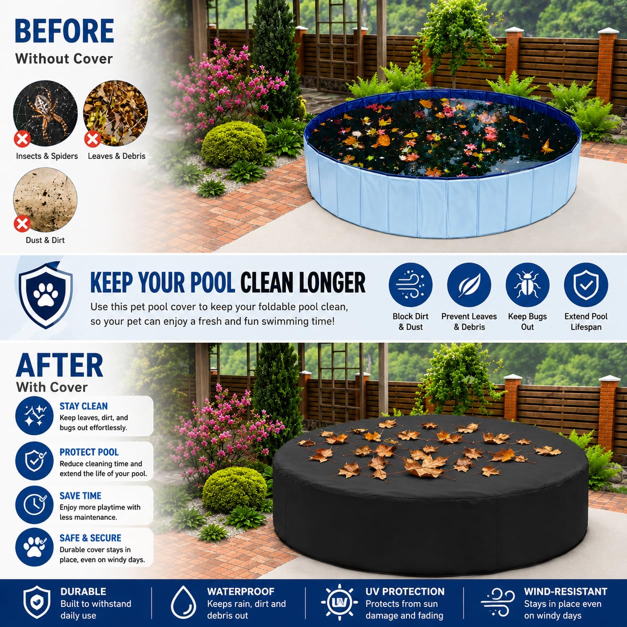 Rypet 63 inch Dog Pool Cover Foldable Round Pool Cover Pet Collapsible Swimming Pools Covers Portable Pet Pool Covers Pools Accessories for Dog Pool Bathing Tub