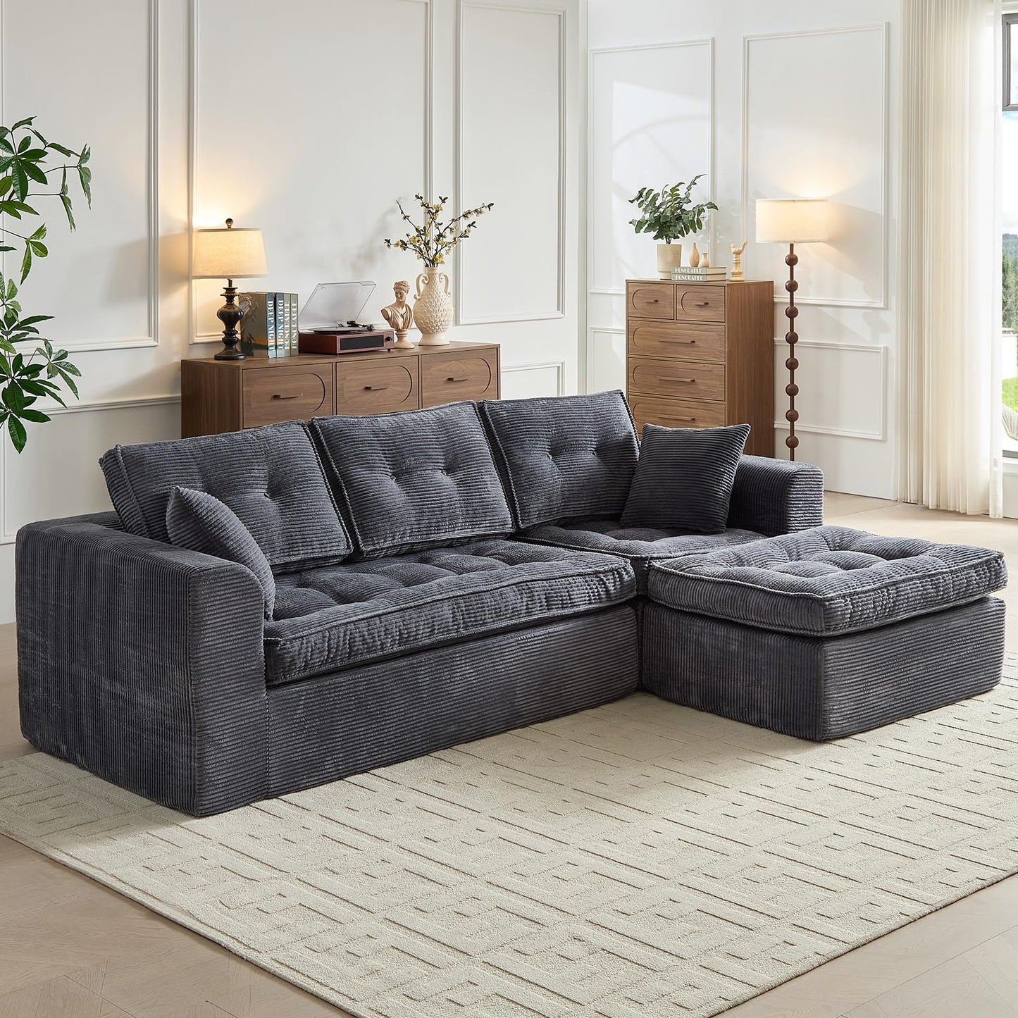ROXGOX Modular Sectional Sofa, Modern Boneless Couch with L-Shape Chaise, Home Sectional Comfy Sofa Set for Living Room Bedroom and Floor, Plush Corduroy, No Assembly Required (Gray)