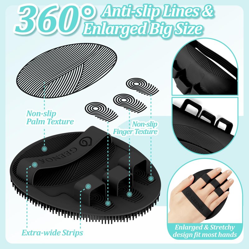 GEENOA Silicone Back Scrubber & Soft Bath Glove 2PCS, 16''- 21''Extendable Back Scrubber with Dual-Side Large Head, 360° Anti-Slip Hand-fit Silicone Body Scrubber for Rich Foaming Deep Cleaning(Black)