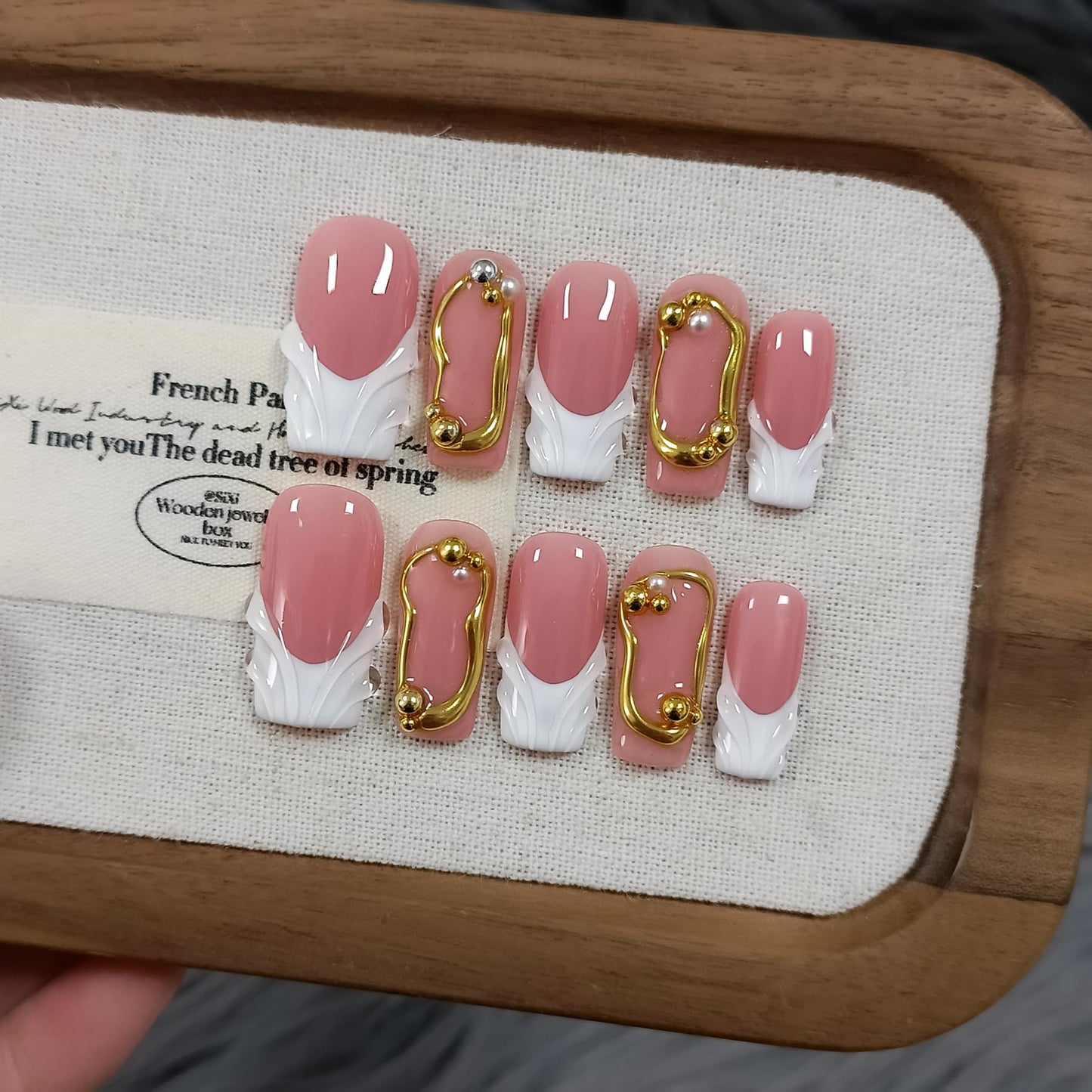 TENPAL Sheer Handmade French Tips Press on Nails Long Square 3D Embossed White Tip Nude Pink Fake Nails for Parties Daily Modern Minimalist Glossy False Nails for Women Gifts 10pcs(M)