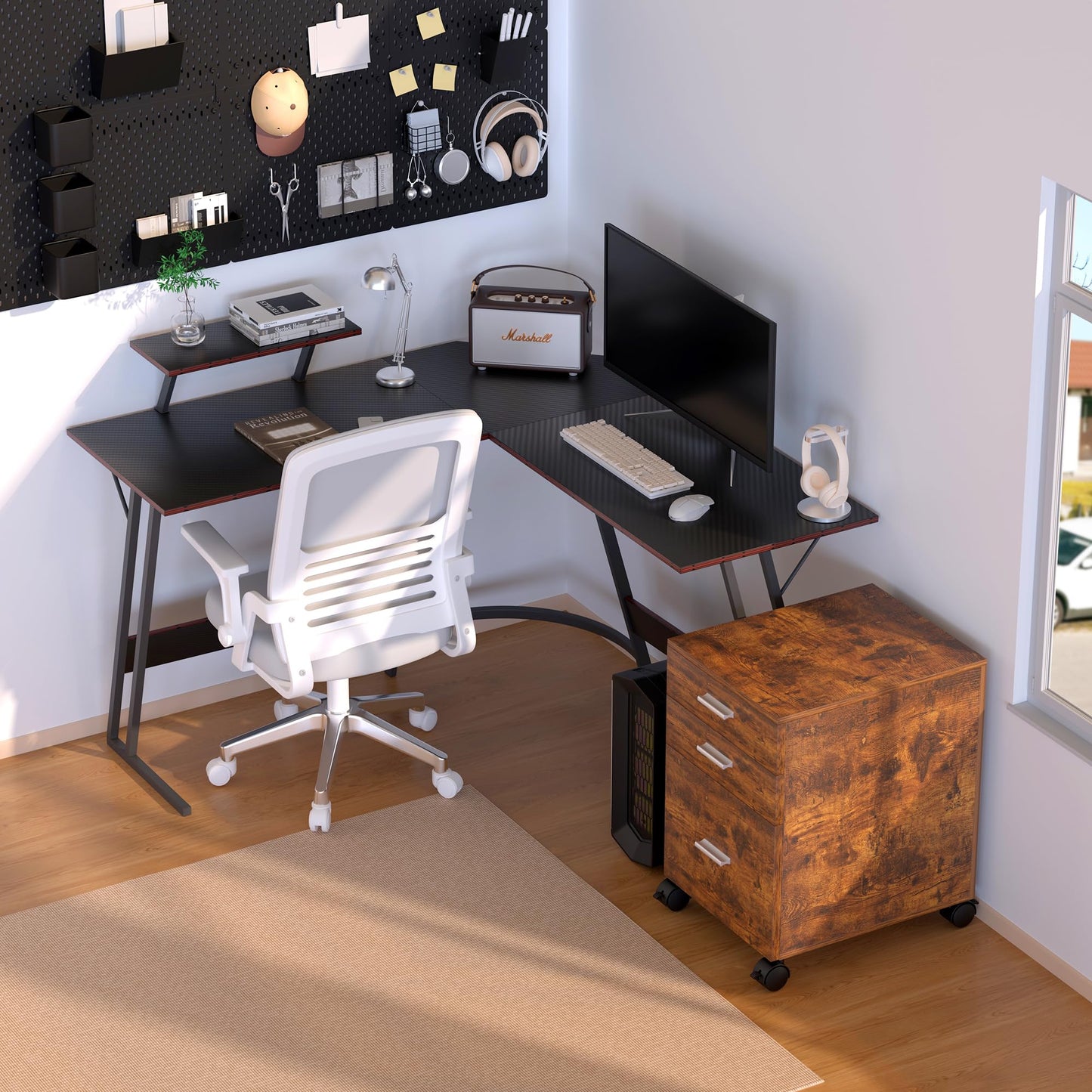 YINGCHAOJI L-Shaped Gaming Desk with Monitor Stand,Carbon Fiber Corner Computer Desk,Z-Shaped Legs Waterproof Office Workstation for Home,Easy to Assemble