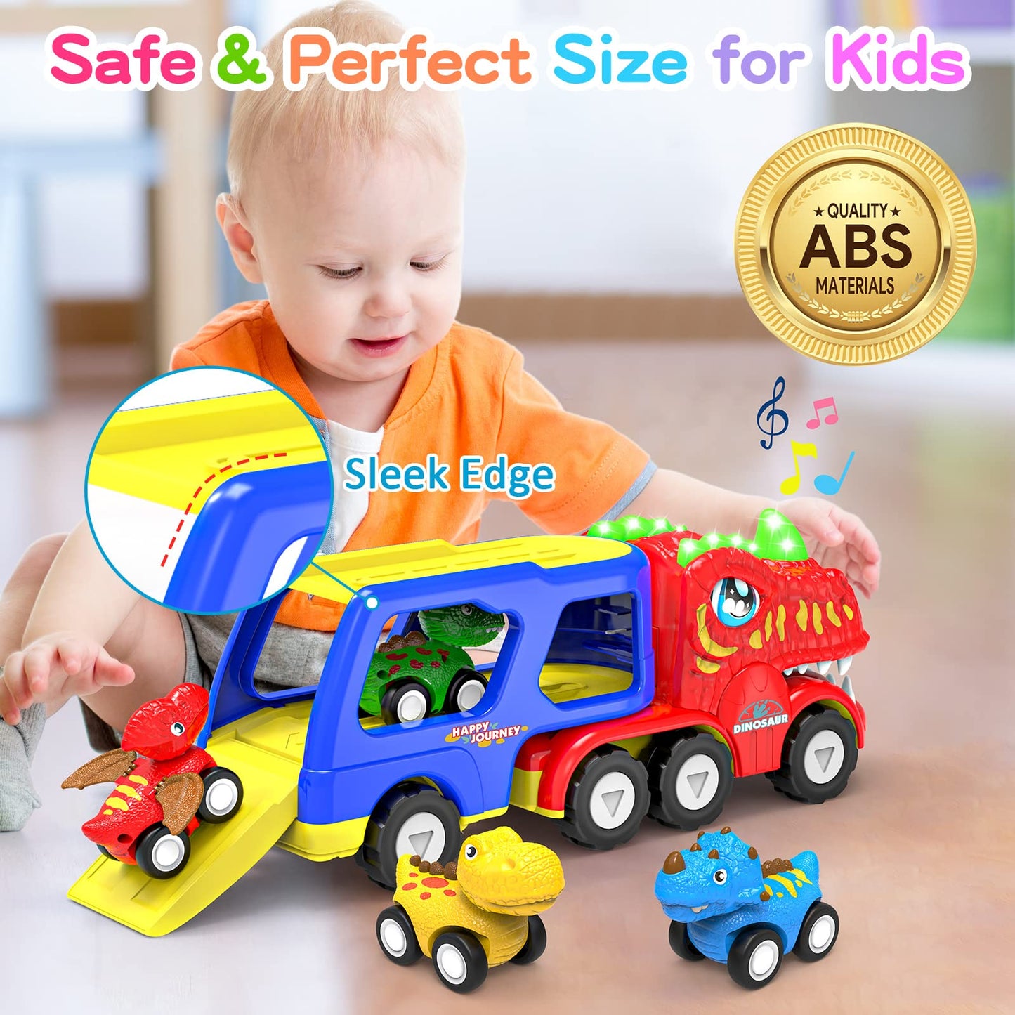 ENJSD Toys for 1 2 3 4 Year Old Boys, 5 in 1 Toys for Ages 2-4 with 4 Dinosaur Toy for Kids 3-5, Friction Powered Kids Boy Toddler Gifts with Flashing Light & Sound