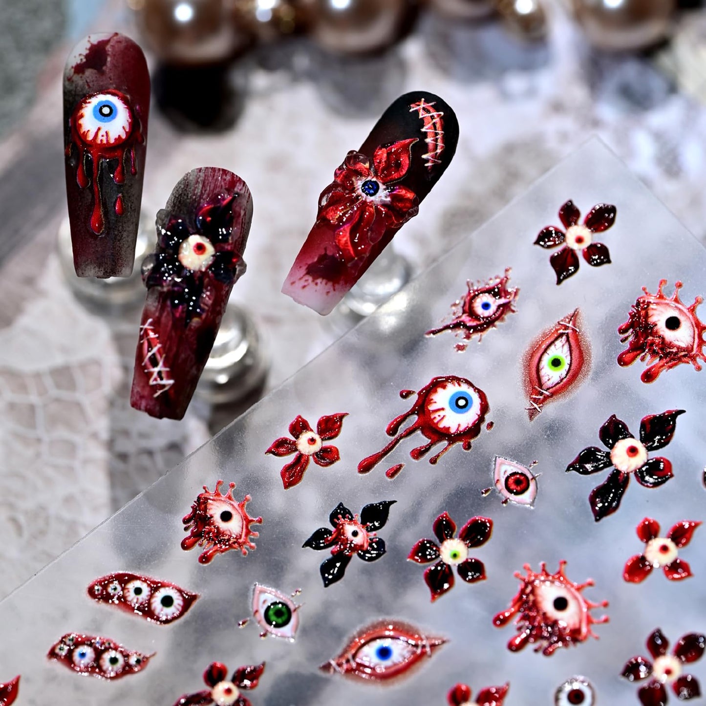 Halloween Nail Stickers for Nail Art 2 Sheet, Red Hibiscus Flowers Evil Eye Nail Decals 5D Embossed Spider Web Bat Design Stickers Halloween Nail Supplies for Women Girls DIY Nail Decorations