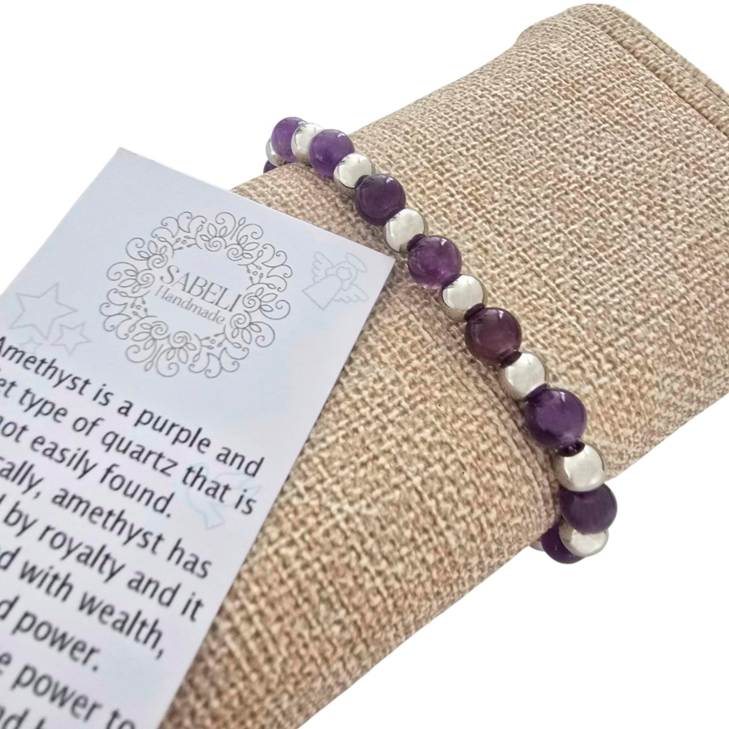 Sabeli Handmade Amethyst Bracelet Healing Natural Stone and Steel Beads Healing Crystals Jewelry Adjustable Macrame Gemstone Gifts 6mm Beads (Amethyst)
