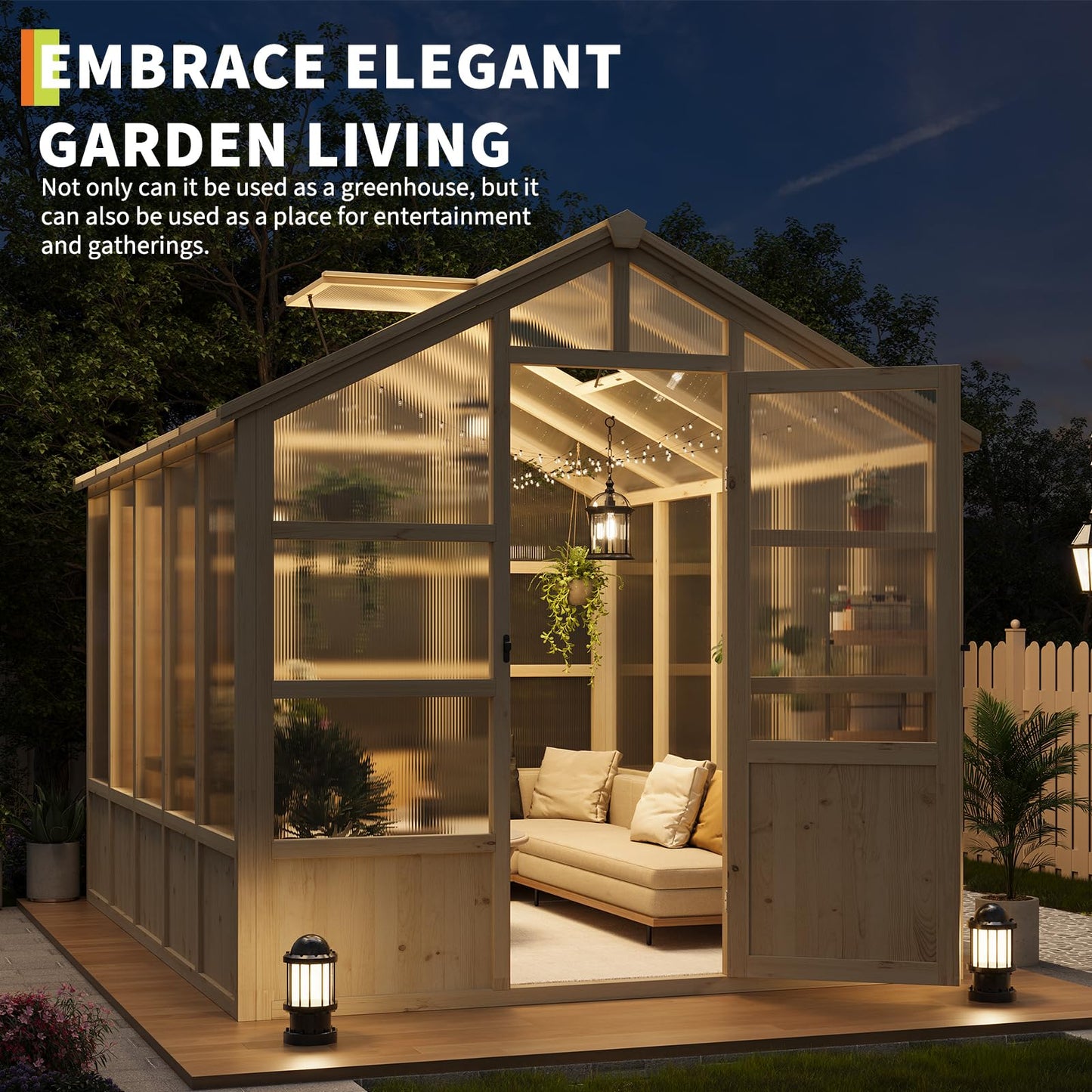 10x8FT Wooden Greenhouse, Greenhouses with Lockable Door, Wood Frame & Adjustable Vent, Greenhouse with for Outdoor, Garden, Yard, Light Brown