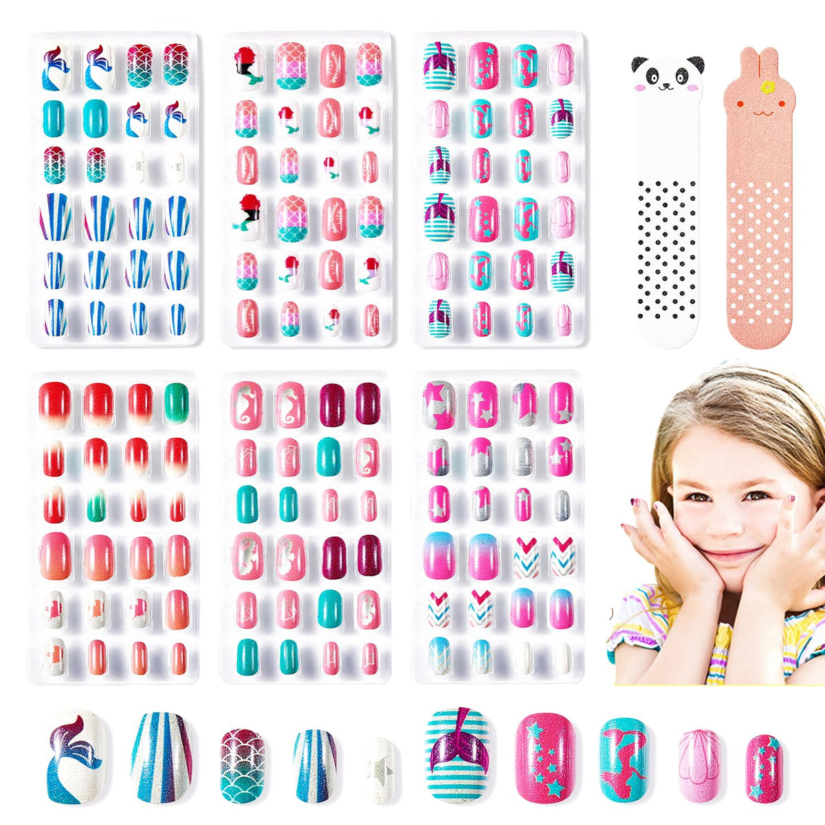 Modelones Press on Nails for Kids 144Pcs 6 Pack Children Acrylic Fake Nails Pre-glue Full Cover Glitter Color Mermaid Beach Short False Nail Art Kits Sets Gifts for Girls