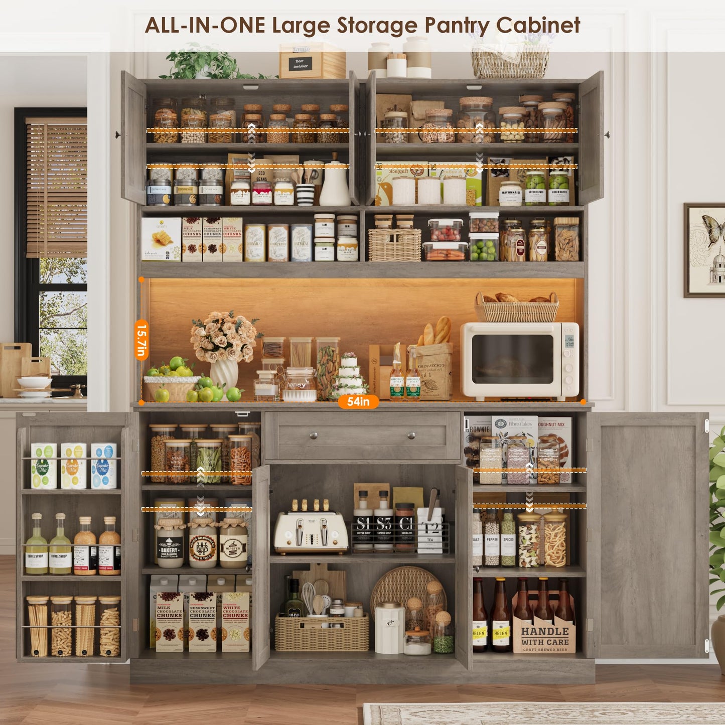 HIFIT 72.8” Tall Kitchen Pantry Cabinet with LED & Charging Station, 55” Wide Farmhouse Pantry Storage Cabinet with Microwave Stand&Shelves&Barn Doors, Kitchen Hutch Coffee Bar for Living Room, Grey
