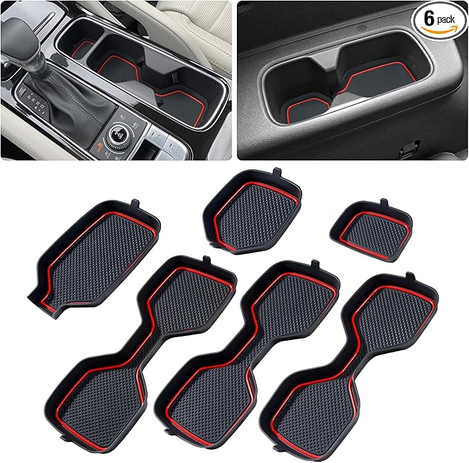 Cup Holder Coaster for Kia Telluride Accessories 2020 2021 2022 2023 2024 2025 Silicone Cup Holder Insert Mat Non-Slip Center Console Pad Car Interior Accessories Decoration (Red Trim,6-pcs kit)