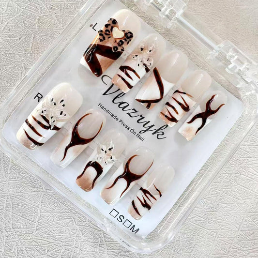 Handmade Press on Nails with Charms - Long Square French False Nails, Stars, Leopard, 3D Flower Embossed Designs for Women & Girls, Nail Kit S SIZE