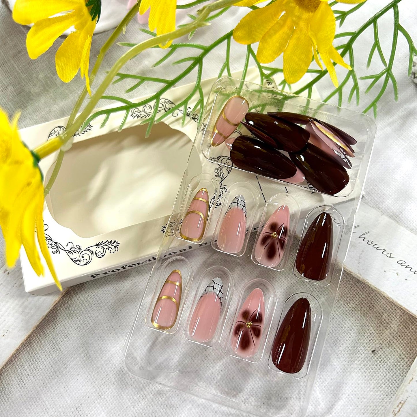 CJDLTS French Tip Press on Nails Almond Medium Flower Rhinestones Design Full Cover Glossy Acrylic Fake Nail Press Ons Artificial Fingernails DIY Reusable Glue on Nails for Women 24Pcs