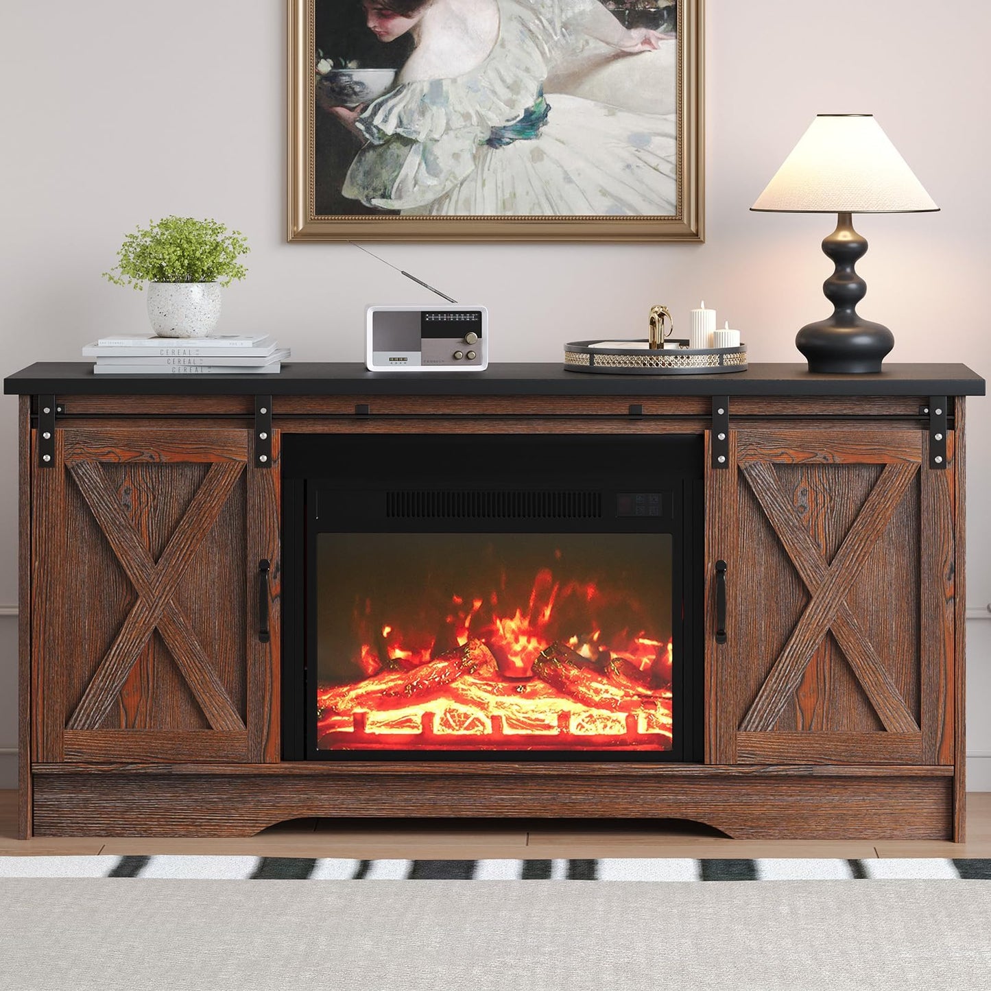 4 EVER WINNER Fireplace TV Stand with Fireplace, Sliding Barn Door, Adjustable Storage Cabinets, Farmhouse Entertainment Center with Fireplace for 65" TV, TV Stands for Living Room, Brown & Black
