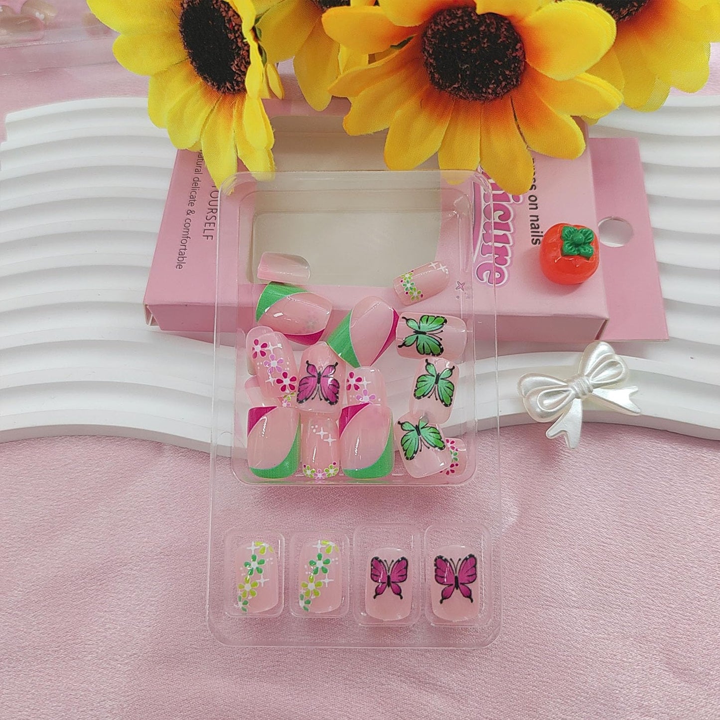 Square Press on Nails Short Fake Nails with Colorful Flower Butterfly Designs Green French Nails Press ons Glossy Glue on Nails Spring Summer False Nails Nude Stick on Nails for Women 24Pcs