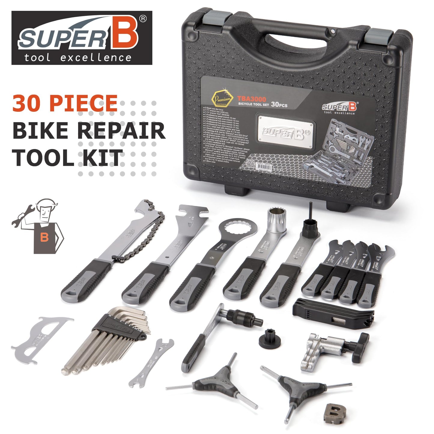 Super B 30 PCS Bicycle Tool Set - Bike Repair Kit with Carry Case - Bike Maintenance Tools for Road Bikes and Mountain Bikes, Repairing Tyres, Brakes, Chains, Pedal, Crank Puller(TBA3000)