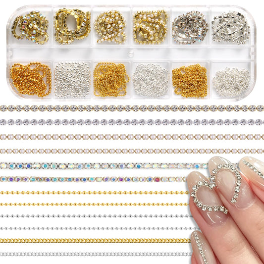 Furtherpretty 3D Chain Nail Charms Set, 12 Strips Gold Silver Metal Bead & Pearl Rhinestone Chains for Nails, Y2K Gothic Punk Dangle Nail Charms Piercing Decorations Accessories Manicure Supplies