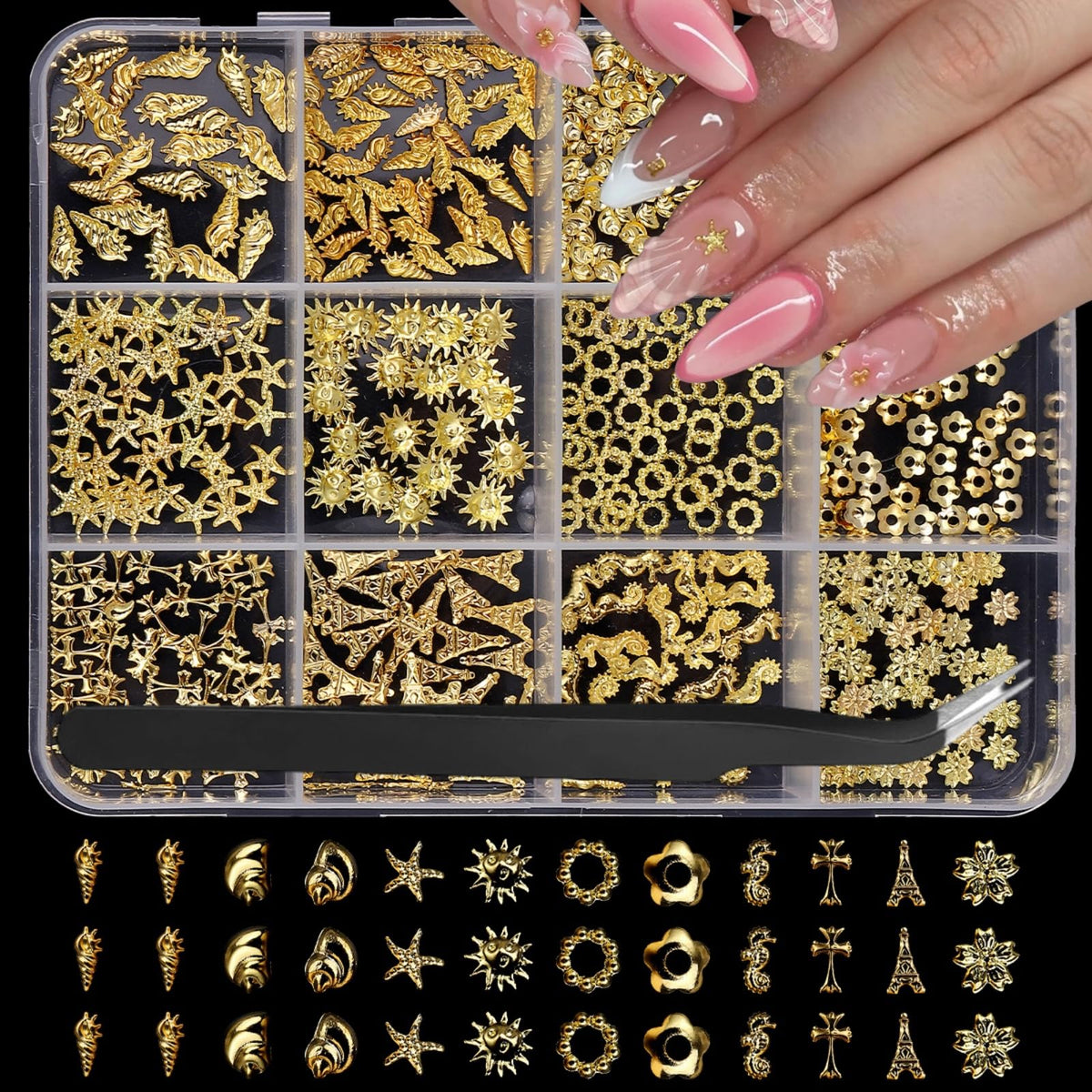 Gold Nail Charms 3D Alloy Flower Nail Gems Shiny Ocean Beach Starfish Conch Nail Jewels Multi-Shapes Metal Golden Sun Nail Art Supplies with Tweezer for Women DIY Acrylic Nail 12 Grids 1 Box
