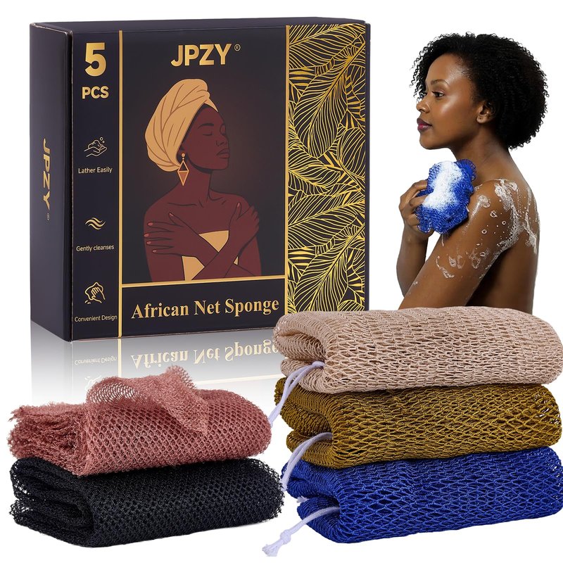 African Net Sponge 5-piece exfoliating Scrub is Suitable for All Skin Types,Bath Sponge for the face and Body, Durable and Gently Exfoliation