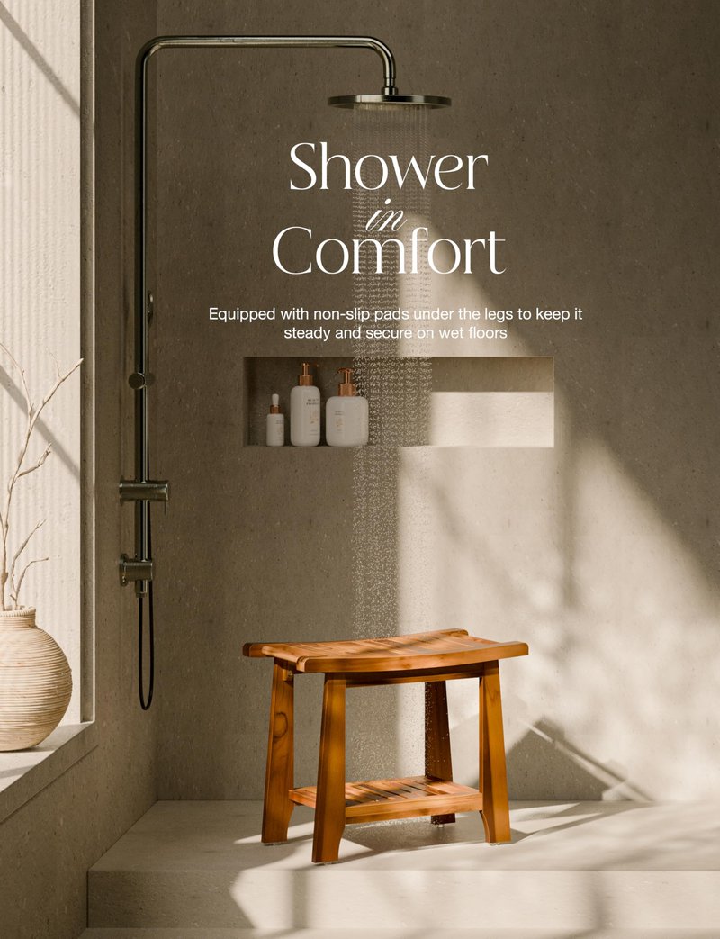 Tinamo 22”L Teak Shower Bench for Inside Shower- 400 Lbs Capacity -Teak Shower Stool & Wooden Bathroom Bench, Shower Chair for Inside Shower with Handles, Teak Shower Benches, Wood Bench for Bath