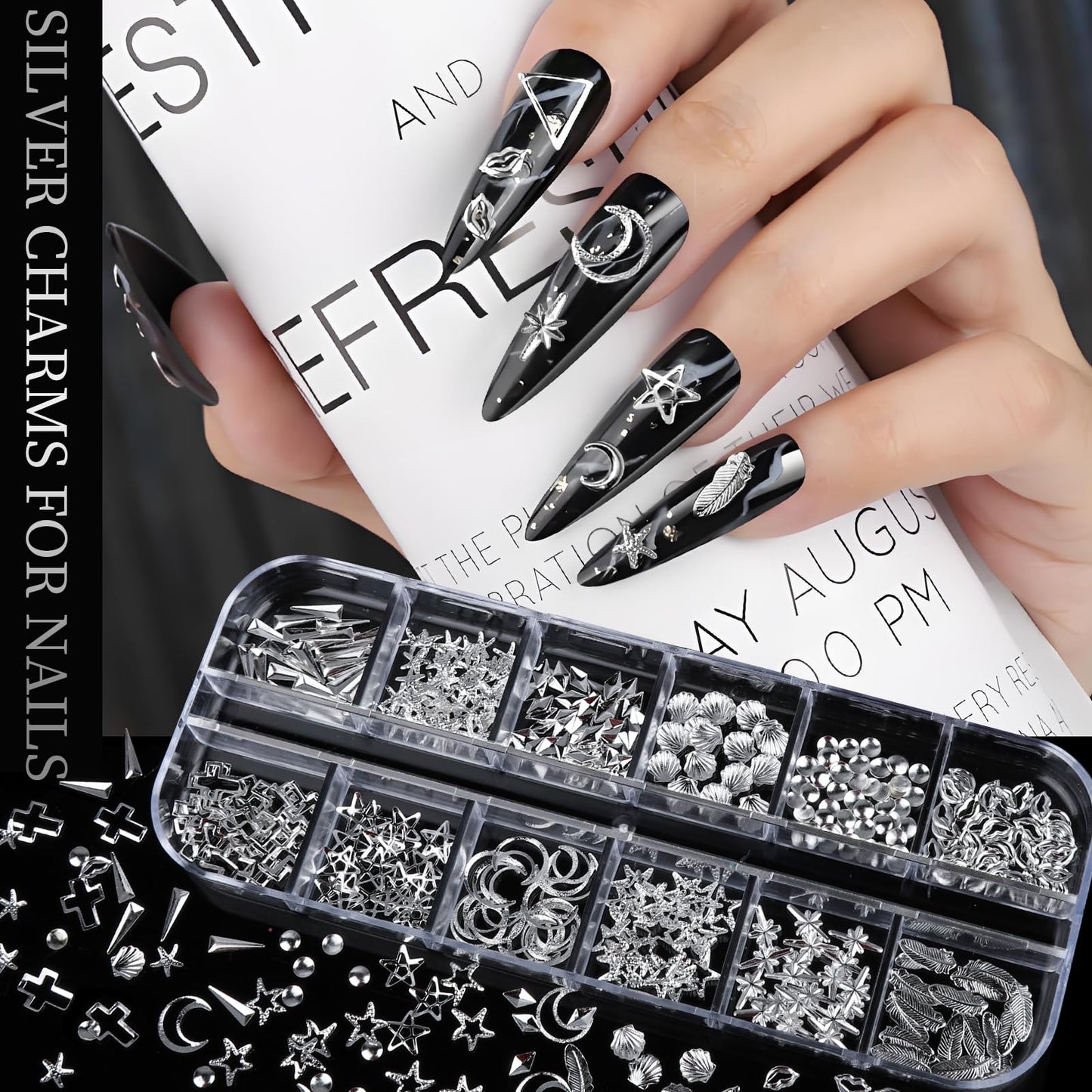 Teenitor Silver Nail Charms and Gems Kit, 4 Boxes Nail Gems Silver Rhinestones for Nails, 3D Y2K Accessories Nail Decor, Cross Charms for Nails Design Star, Caviar Beads for Nails Art