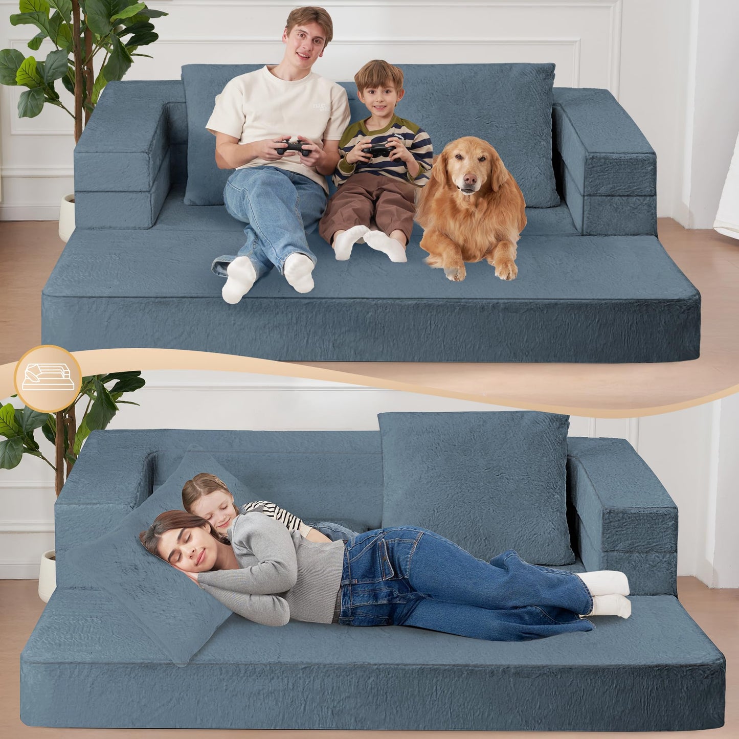 Cansunna Futon Sofa Bed with Pillow, 3-in-1 Sleeper Sofa Bed with Removable Cover, Convertible Floor Sofa Bed, No Assembly Boneless Couch for Living Room, Bedroom