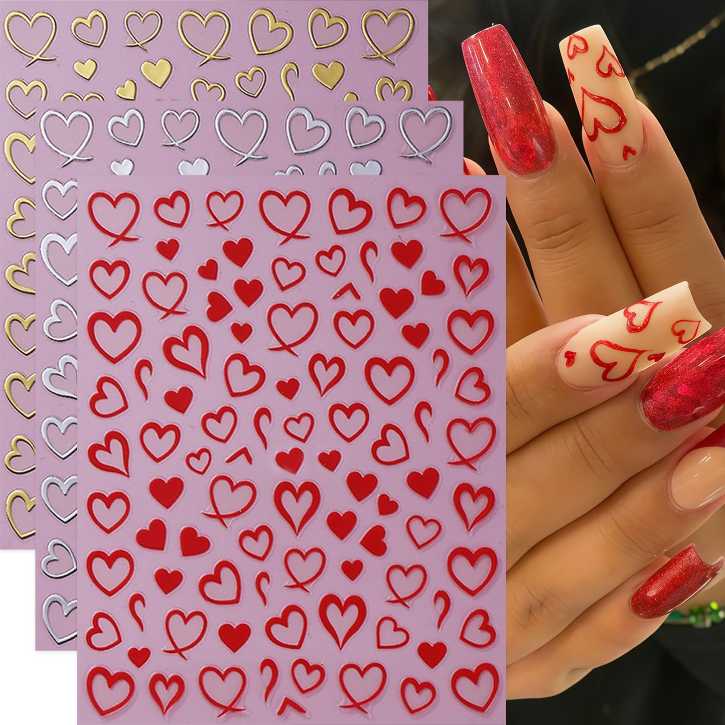 6 Sheets Heart Nail Art Stickers Valentines Nail Decals Self-Adhesive Red Silver Gold Peach Hearts Nails Stickers Hollow Heart Love Sticker Nail Supplies for Women Holiday Acrylic Nails Decoration
