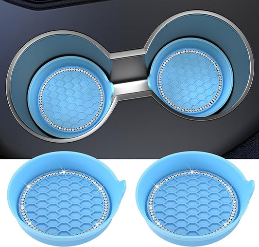 Amooca Car Cup Coaster Universal Non-Slip Cup Holders Bling Crystal Rhinestone Car Interior Accessories 2 Pack Light Blue