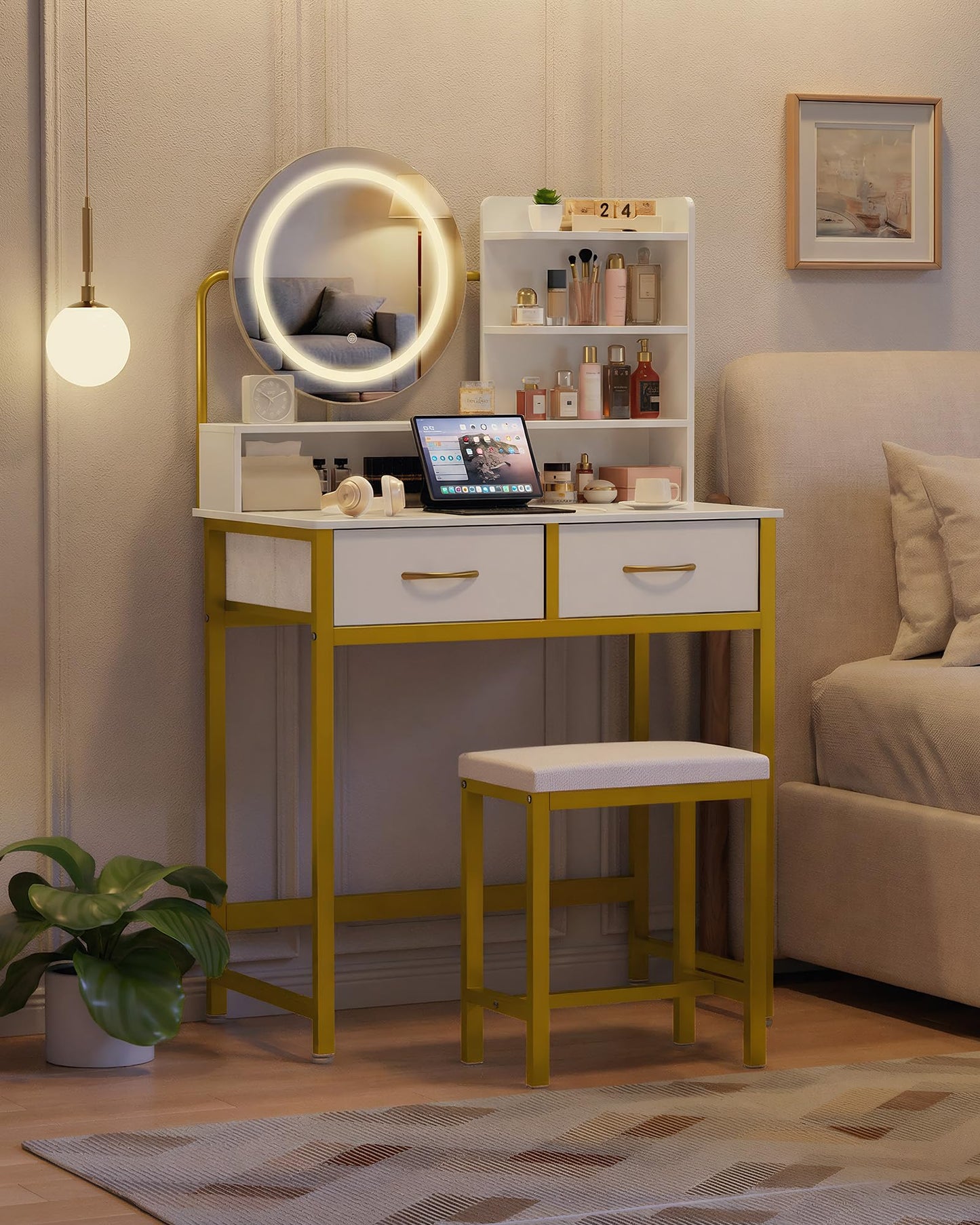 Kitsure Vanity Desk with Mirror and Lights - 3 Mode Lighted Makeup Vanity for Girls, Anti-Tipping Small Vanity with Chair for Bedrooms, Dressing Rooms, Walk-in Closet, Gold, 31.5" x 17.7" x 50.6"