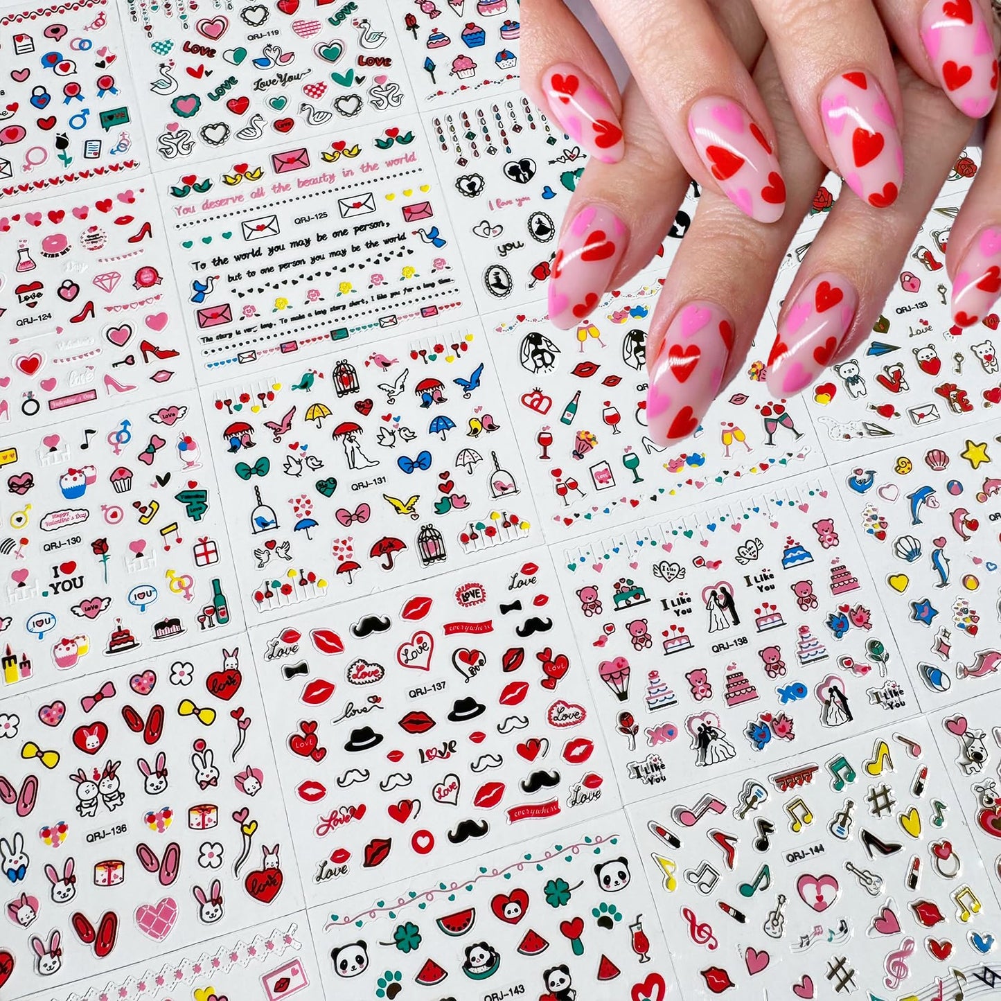 30 Sheets Heart Valentine Nail Art Stickers Decals 3D Self-Adhesive Pegatinas Uñas Red Heart Nail Decals Red Lips Rose Nail Supplies for DIY Acrylic Nail Art Decoration for Women and Girls