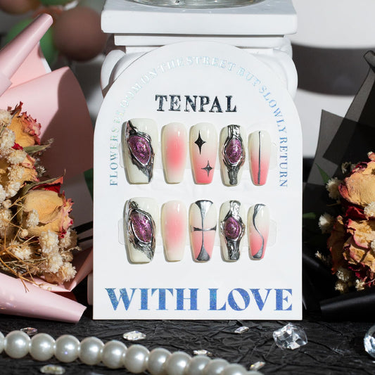 TENPAL 10pcs Coffin Press-On Nails Kit,Punk Metal Glam False Nails with Airbrush Blush Designs,Cat Eye Edgy Gradient Pink Nails with Rhinestones,Hip Hop Goth Chrome Fake Nails Set with Tools(XS)
