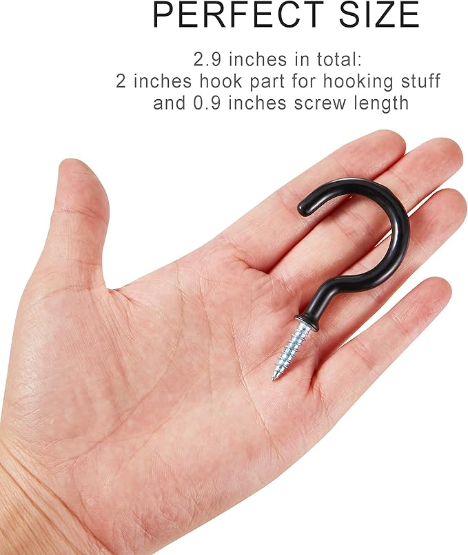 2 Inch Ceiling Hooks, Vinyl Coated Screw-in Cup Hook for Hanging Plants, Lights, Mugs - Heavy Duty Indoor Outdoor Use, Metal Wall Kitchen Hanger, Black (12 Pack)