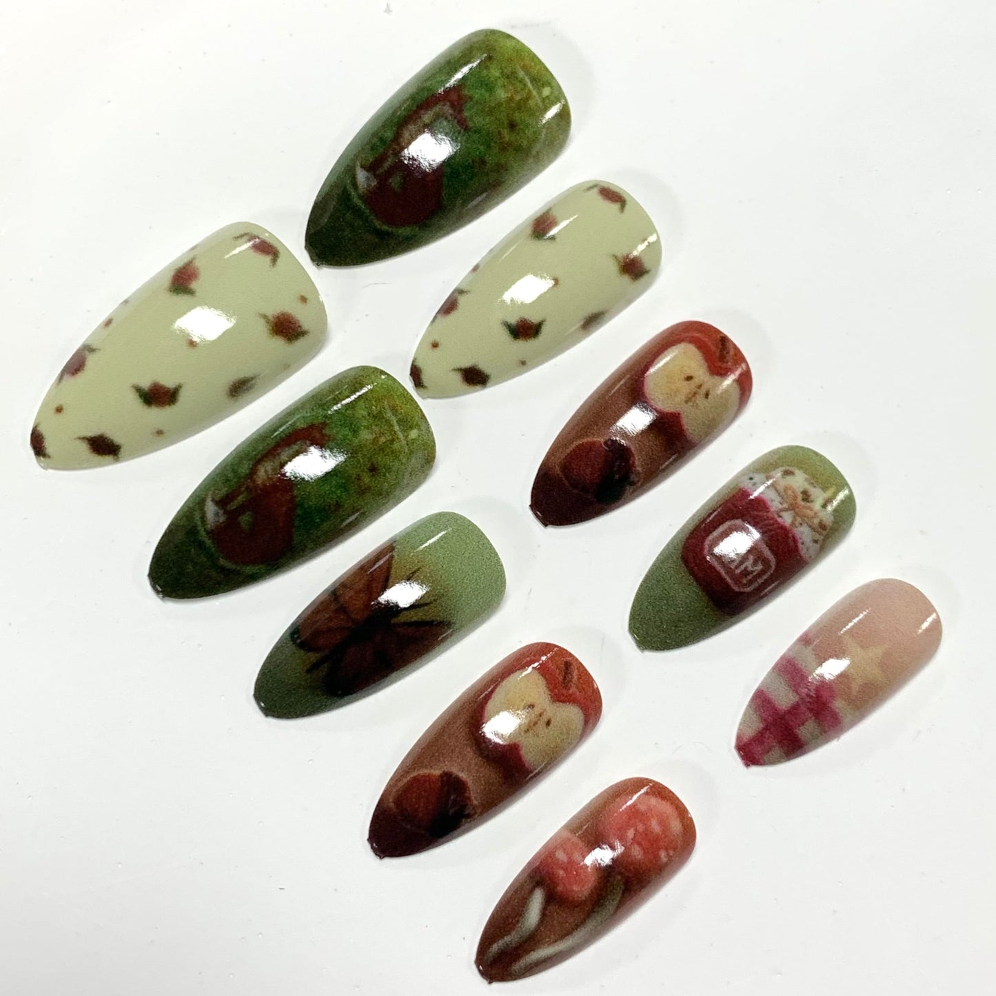 BABALAL Press On Nails, Medium Almond Fake Nails, Forest With Mushroom Apple & Butterfly, Colorful Anime Y2k Glue On Nails For Women And Girls 24Pcs