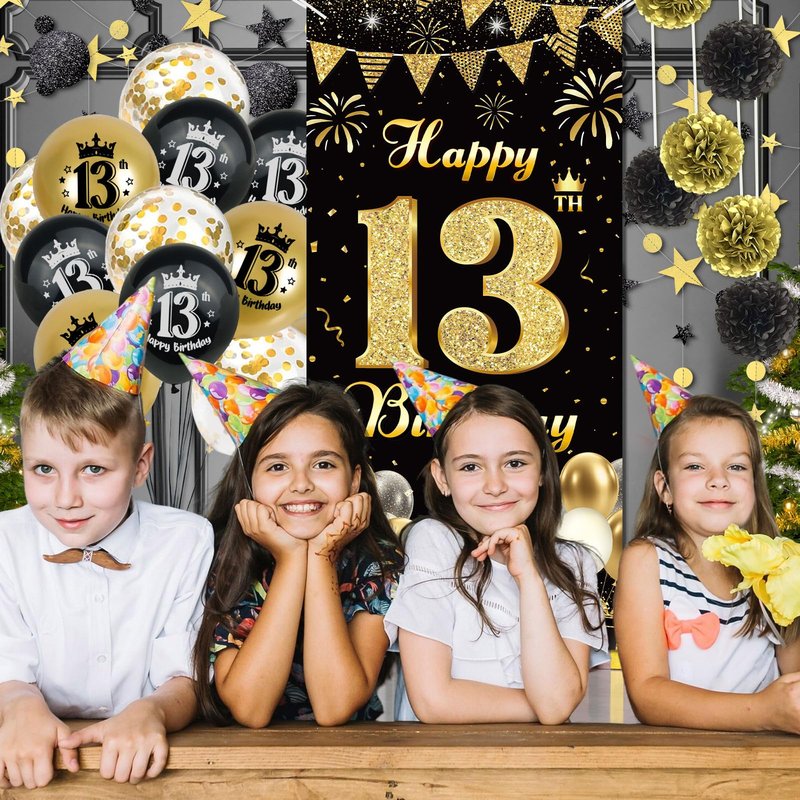 TSVATE 15th Birthday Decorations for Boys, Black Gold 15 Birthday Boy Decorations, Happy 15th Birthday Backdrop, Banner, Number 15 Balloons, Pompoms, Star Garland, 15 Year Old Boy Birthday Decorations