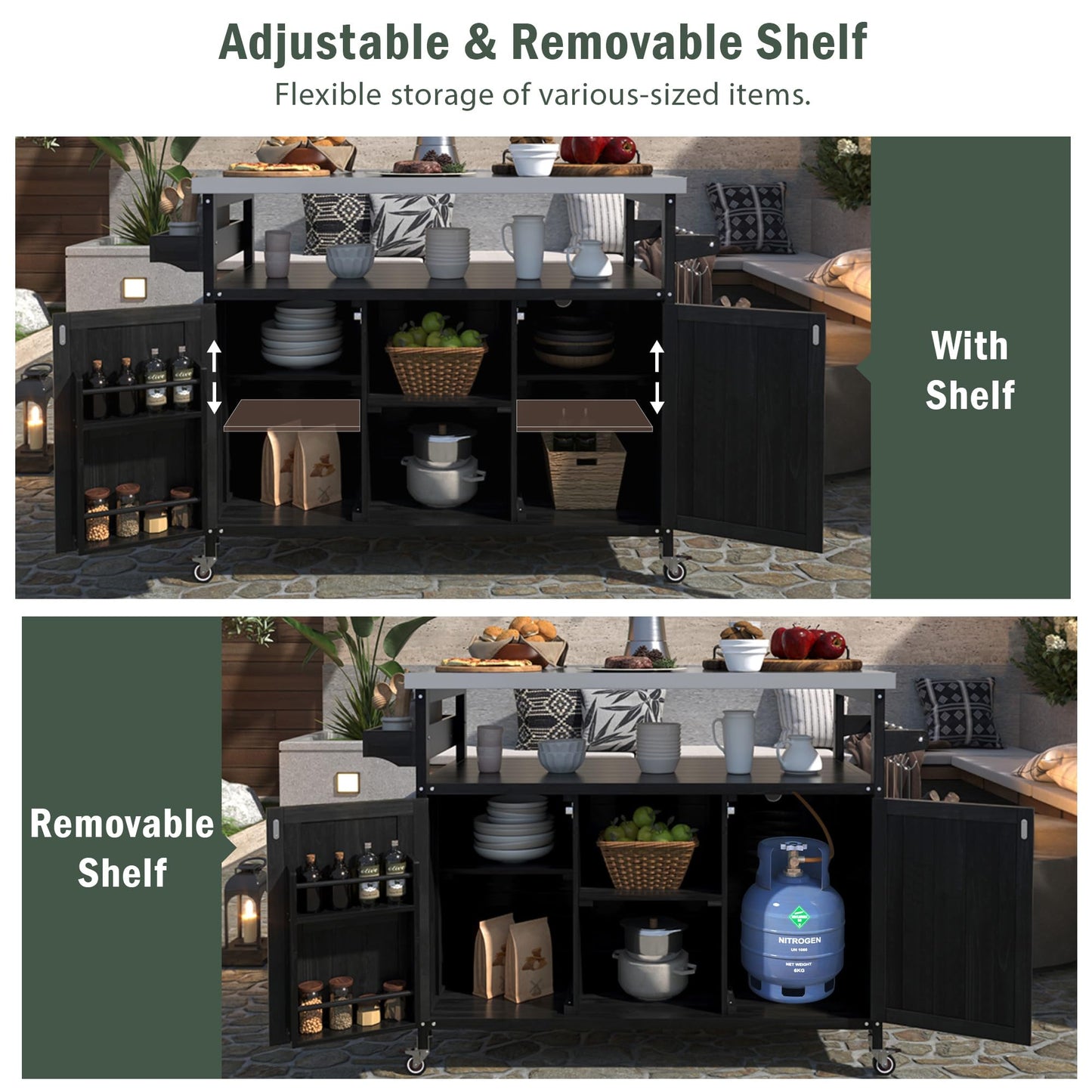 Outdoor Grill Cart with Storage, Farmhouse Outdoor Storage Cabinet with Stainless Steel Top, Wood Bar Patio Kitchen Island with Spice Rack, Towel Holder, Hooks & Locking Wheels for Patio BBQ(Black)
