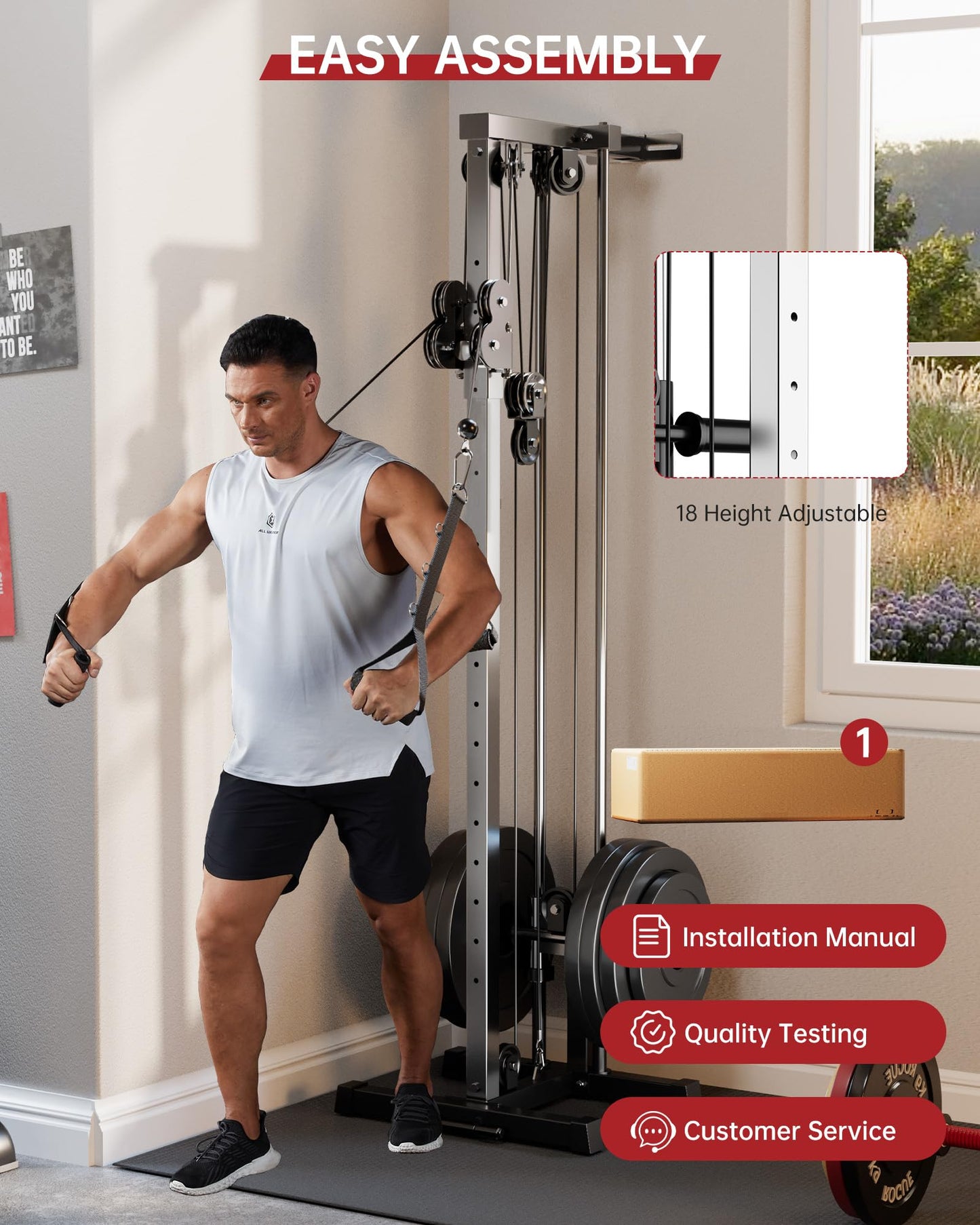 Wall Mount Cable Machine with 19-Position Dual Pulley System, LAT Pulldown & Cable Crossover Machine, Heavy Duty Functional Trainer Workout Equipment for Home Gym