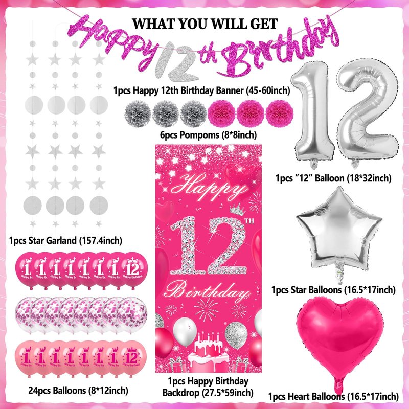 TSVATE 12th Birthday Decorations for Girls, Daughter, Pink 12 Year Old Girl Birthday Decorations, Happy 12th Birthday Banner, Backdrop, Yard, Door, Wall, Number 12 Balloon, Pompoms, Star Garland