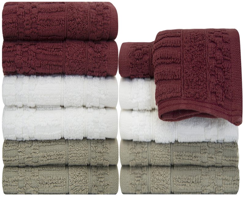 PH Pleasant Home Diamond Wash Cloths Set - 12 Pack (12” x 12”) – 509 GSM - 100% Ring Spun Cotton Wash Cloth - Super Soft and Highly Absorbent Face Towels (Maroon, White & Tan)