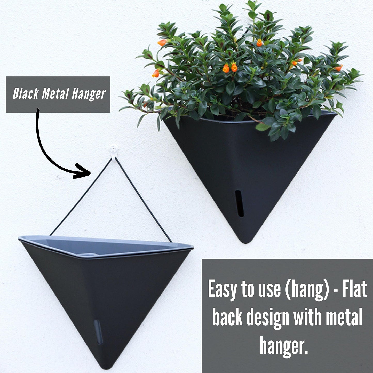 LaLaGreen Bundle - 12" x 2 Pack Black + 12" x 4 Pack White Large Self Watering Geometric Hanging Flower Vase Vessel with Metal Hanger, Modern Stylish Wall Mounted Succulent Pot Holder Decor