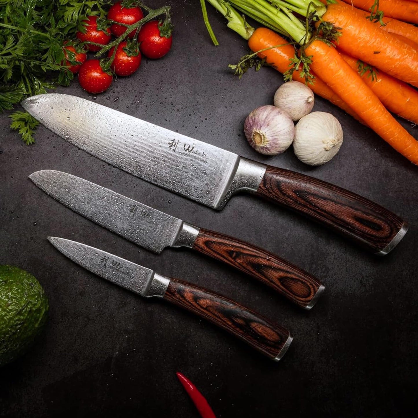 Wakoli EDIB 3-Piece Damascus Kitchen Knife Set in Wooden Gift Box, Razor Sharp Genuine Damascus Steel (VG10 Core), Includes Santoku, Small Santoku and Paring Knife, Ergonomic Pakkawood Handle