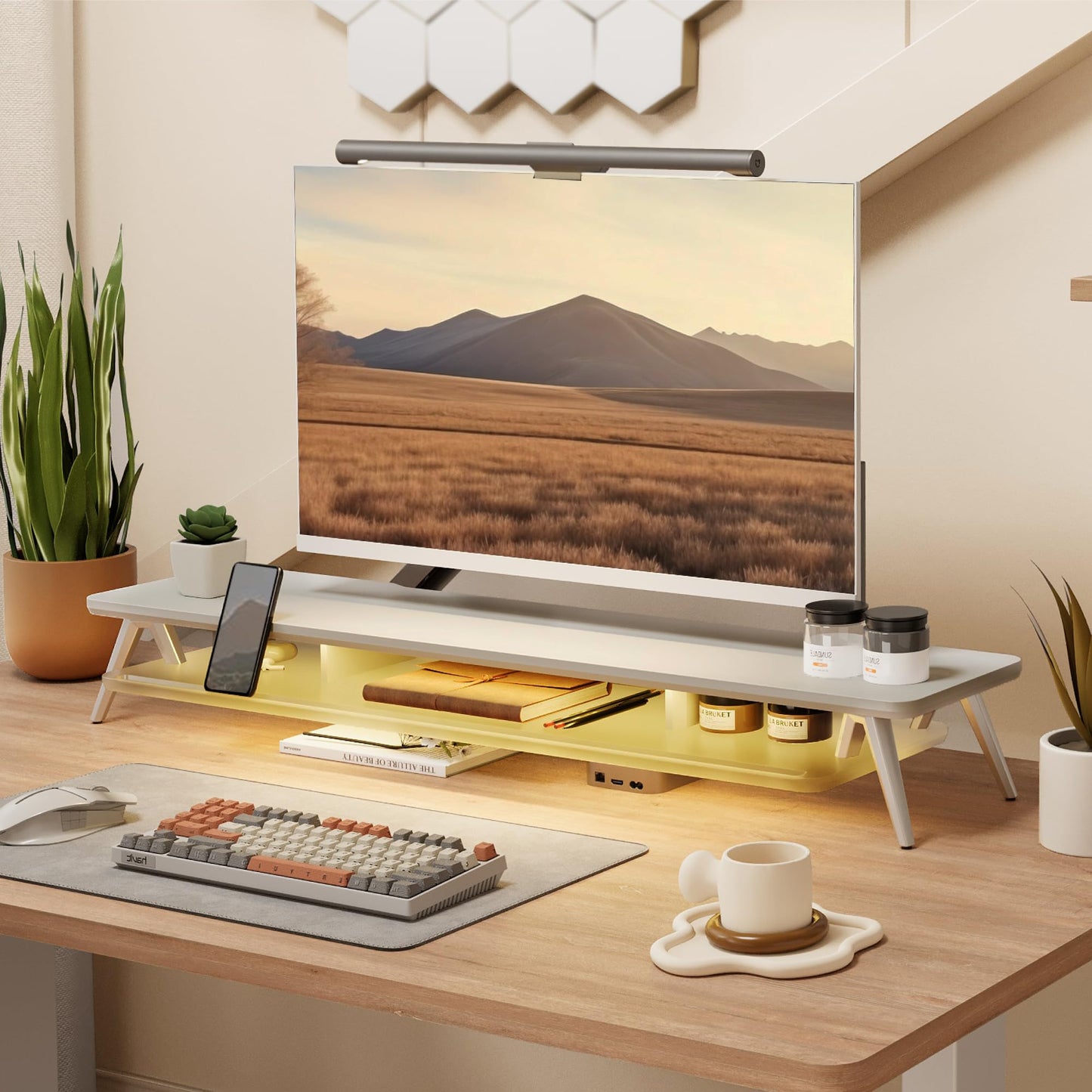 Fenge Dual Monitor Stand, 2 Tiers Acrylic Monitor Riser with LED Lights, 42.5 Inch Wood and Aluminum Desk Shelf with Phone and Tablet Holder