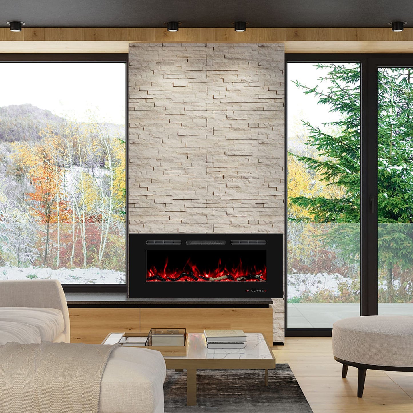 Oxhark Flame Electric Fireplace 42 inch Wide, Wall Mounted Fireplace Inserts Electric Heater, 13 * 13 Flame Effects Like Real Flame, Low Noise, Timer & Thermostat Setting, 750W/1500W, Black