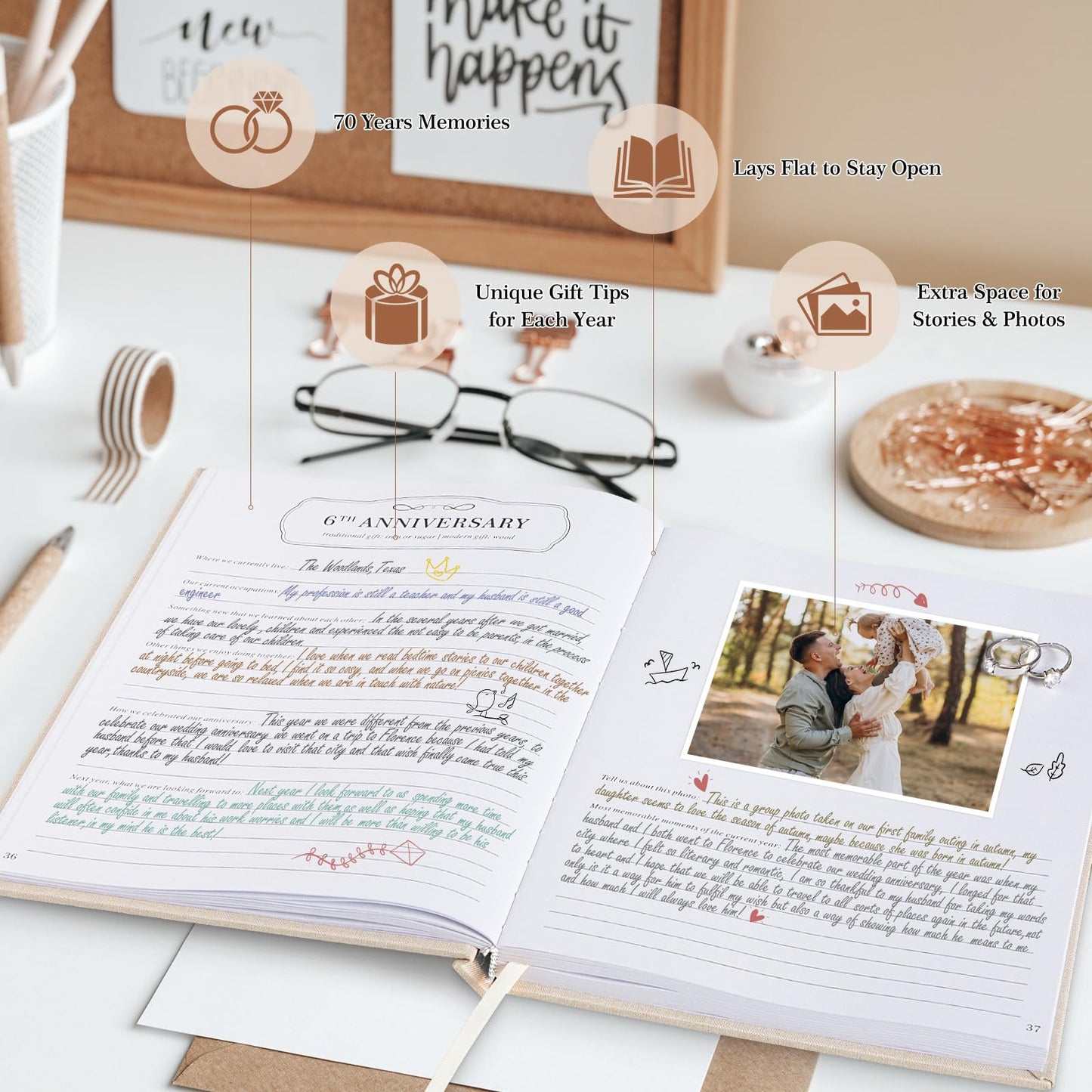 Lanpn Wedding Anniversary Journal Book, Linen Dating 1st to 70th Couple Memory Book Wedding Scrapbook, 190 Pages Love Stories Notebook Newlywed Marriage Anniversary Bridal Shower Gift, Beige